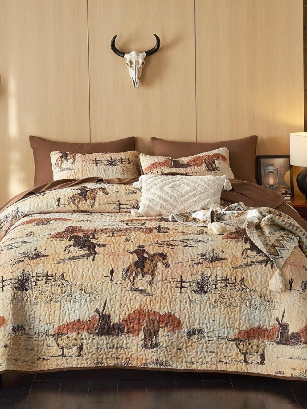 Southwestern Cowboy Quilt Set Rustic Ochre Brown Bedspread